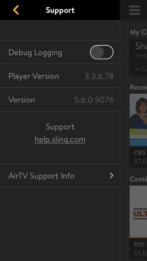 Sling App settings screenshot